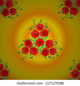 Vector seamless background pattern with stylized poppy flowers and leaves in green, yellow and red colors.