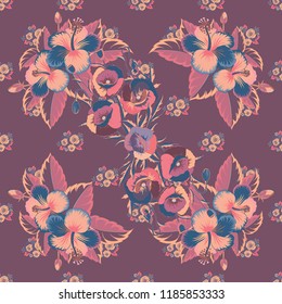 Vector seamless background pattern with stylized hibiscus flowers and leaves in purple, pink and beige colors.