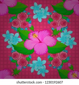 Vector seamless background pattern with stylized hibiscus flowers and leaves in blue, pink and green colors.