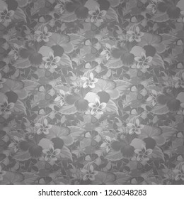Vector seamless background pattern with stylized hibiscus flowers and leaves in blue, gray and orange colors.