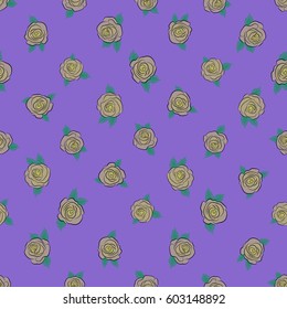 Vector seamless background pattern with stylized rose flowers and green leaves on a violet background.