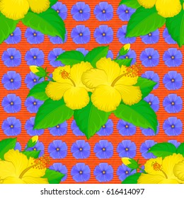 Vector seamless background pattern with stylized hibiscus flowers and leaves on a orange background.