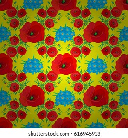 Vector seamless background pattern with stylized poppy flowers and leaves on a yellow background.