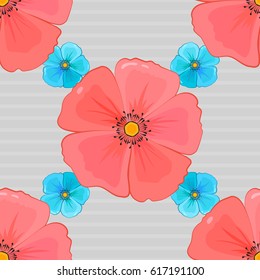 Vector seamless background pattern with stylized cosmos flowers and leaves on a gray background.