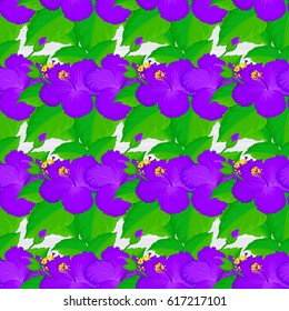 Vector seamless background pattern with stylized hibiscus flowers and leaves on a gray background.