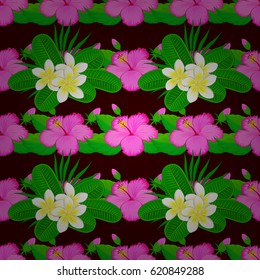 Vector seamless background pattern with stylized hibiscus flowers and leaves on a brown background.