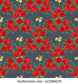 Vector seamless background pattern with stylized poppy flowers and leaves on a gray background.