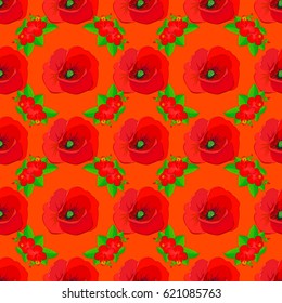 Vector seamless background pattern with stylized poppy flowers and leaves on a orange background.