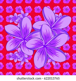 Vector seamless background pattern with stylized plumeria flowers and leaves on a red background.