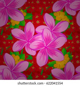 Vector seamless background pattern with stylized plumeria flowers and leaves on a red background.