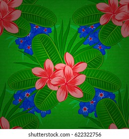 Vector seamless background pattern with stylized plumeria flowers and leaves on a green background.