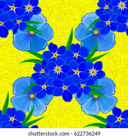 Vector seamless background pattern with stylized forget-me-not flowers and leaves on a yellow background.