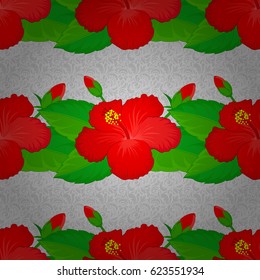 Vector seamless background pattern with stylized hibiscus flowers and leaves on a gray background.