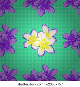 Vector seamless background pattern with stylized plumeria flowers and leaves on a green background.