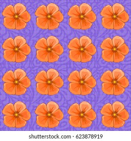 Vector seamless background pattern with stylized cosmos flowers and leaves on a violet background.