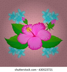 Vector seamless background pattern with stylized hibiscus flowers and leaves on a pink background.