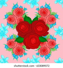 Vector seamless background pattern with stylized rose flowers and green leaves on a pink background.
