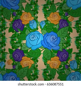 Vector seamless background pattern with stylized rose flowers and green leaves on a beige background.