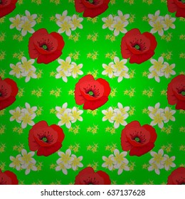Vector seamless background pattern with stylized poppy flowers and leaves on a green background.
