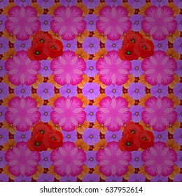 Vector seamless background pattern with stylized poppy flowers and leaves on a red background.