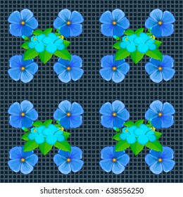 Vector seamless background pattern with stylized cosmos flowers and leaves on a blue background.