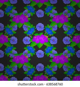 Vector seamless background pattern with stylized hibiscus flowers and leaves on a gray background.