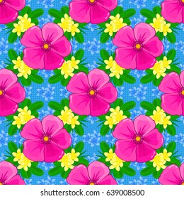 Vector seamless background pattern with stylized cosmos flowers and leaves on a blue background.