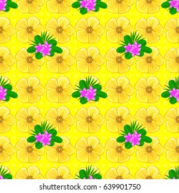 Vector seamless background pattern with stylized plumeria flowers and leaves on a yellow background.