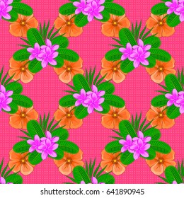 Vector seamless background pattern with stylized plumeria flowers and leaves on a pink background.