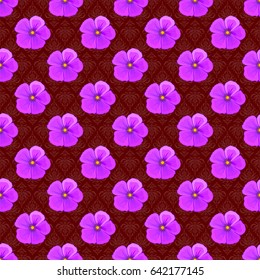 Vector seamless background pattern with stylized cosmos flowers and leaves on a red background.
