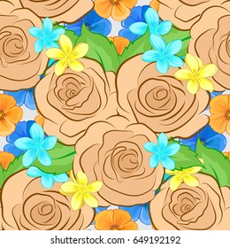 Vector seamless background pattern with stylized rose flowers and green leaves on a gray background.