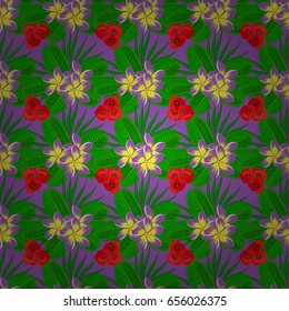 Vector seamless background pattern with stylized poppy flowers and leaves on a violet background.
