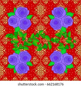Vector seamless background pattern with stylized rose flowers and green leaves on a red background.