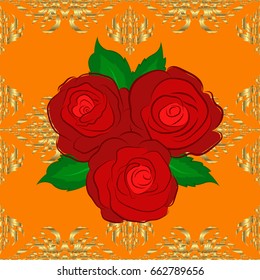 Vector seamless background pattern with stylized rose flowers and green leaves on a orange background.