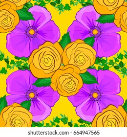 Vector seamless background pattern with stylized rose flowers and green leaves on a yellow background.