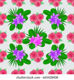 Vector seamless background pattern with stylized plumeria flowers and leaves on a gray background.