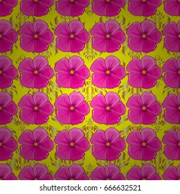 Vector seamless background pattern with stylized cosmos flowers and leaves on a yellow background.
