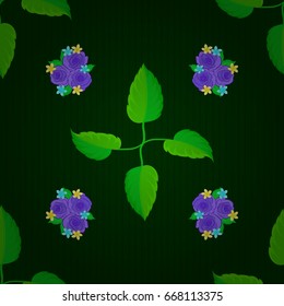 Vector seamless background pattern with stylized rose flowers and green leaves on a green background.