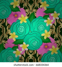 Vector seamless background pattern with stylized rose flowers and green leaves on a green background.