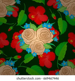 Vector seamless background pattern with stylized rose flowers and green leaves on a green background.