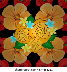 Vector seamless background pattern with stylized rose flowers and green leaves on a black background.