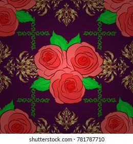 Vector seamless background pattern with stylized rose flowers and green leaves in purple, orange and pink colors.