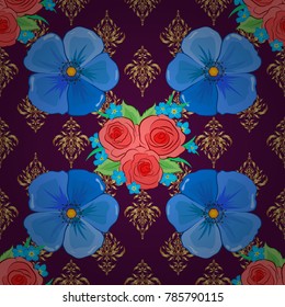 Vector seamless background pattern with stylized rose flowers and green leaves in purple, blue and pink colors.
