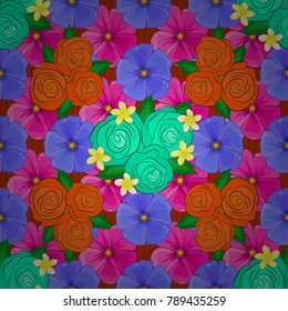 Vector seamless background pattern with stylized rose flowers and green leaves in violet, orange and magenta colors.