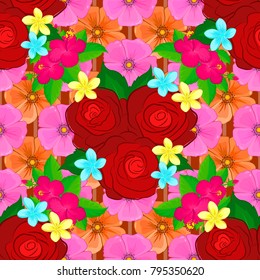 Vector seamless background pattern with stylized rose flowers and green leaves in pink, orange and red colors.