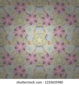 Vector seamless background pattern with tropical leaves and flowers in beige, gray and pink colors.