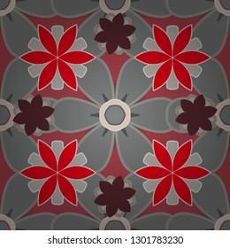 Vector seamless background pattern with tropical leaves and flowers in pink, gray and red colors.