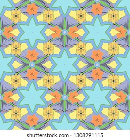 Vector seamless background pattern with tropical leaves and flowers in blue, green and yellow colors.