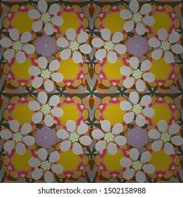 Vector seamless background pattern with tropical leaves and flowers in pink, yellow and green colors.