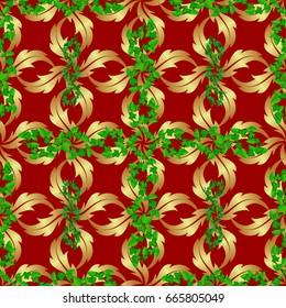 Vector seamless background pattern with tropical leaves and flowers on a red background.